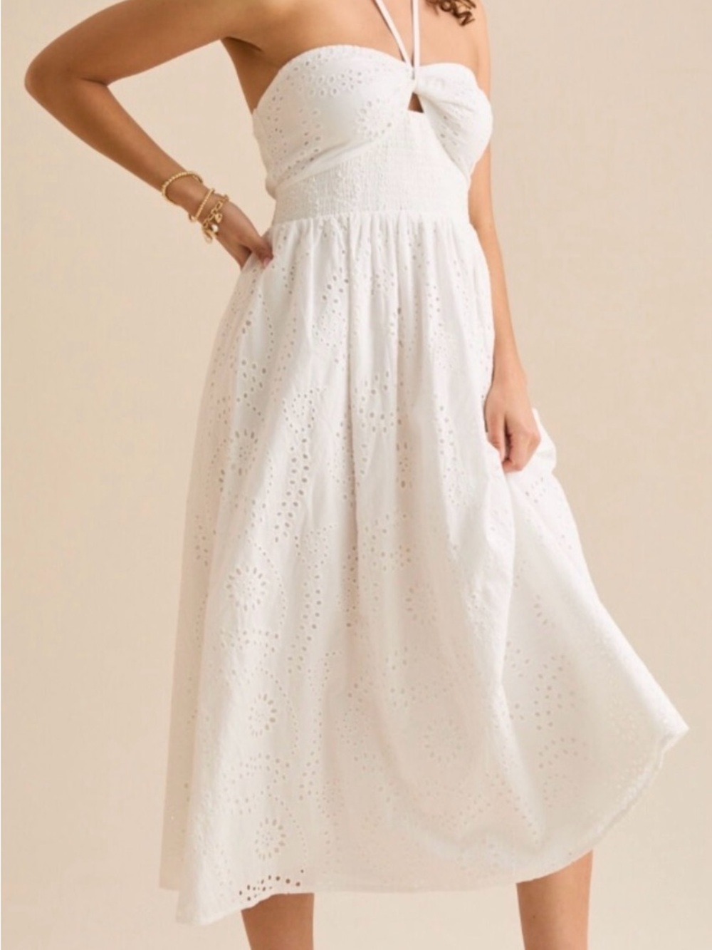 STATE White Halter/Strapless Eyelet Midi Dress